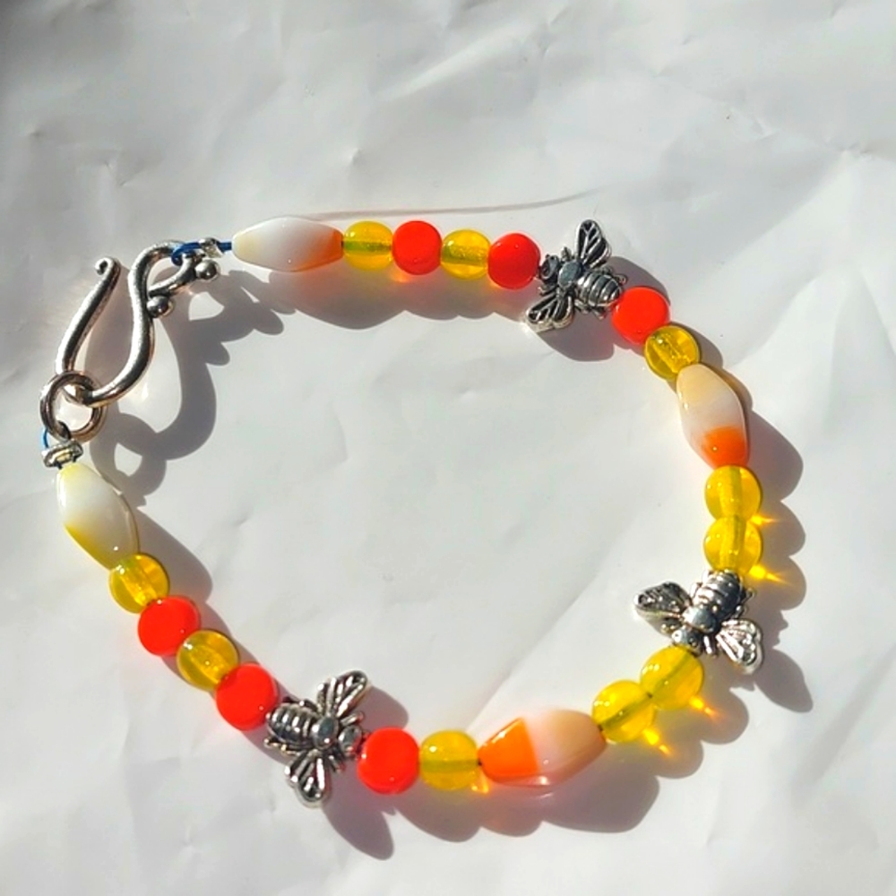Vintage Glass Beads Orange and Yellow .Save the Bees Bracelet .